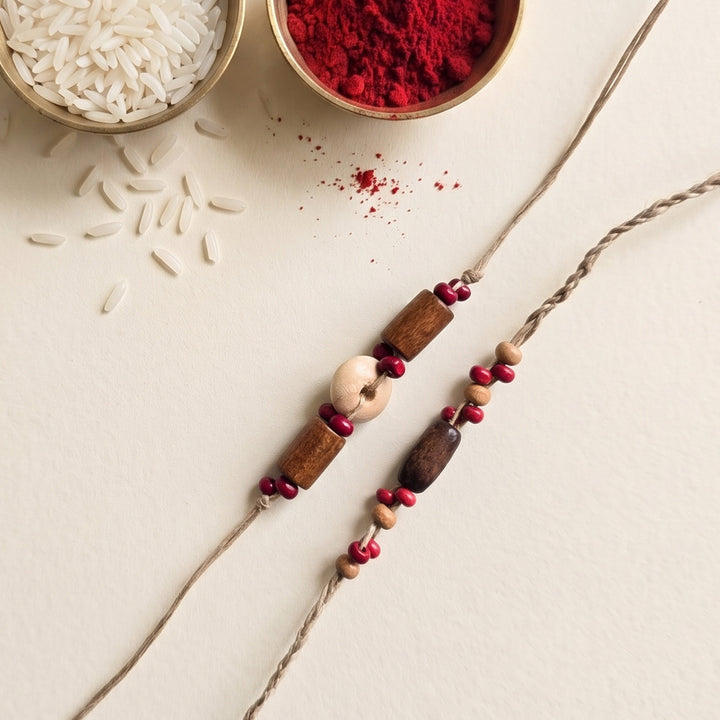 Handcrafted Wooden Bead RakhiWith Roli Chawal For Brother | Set of 2