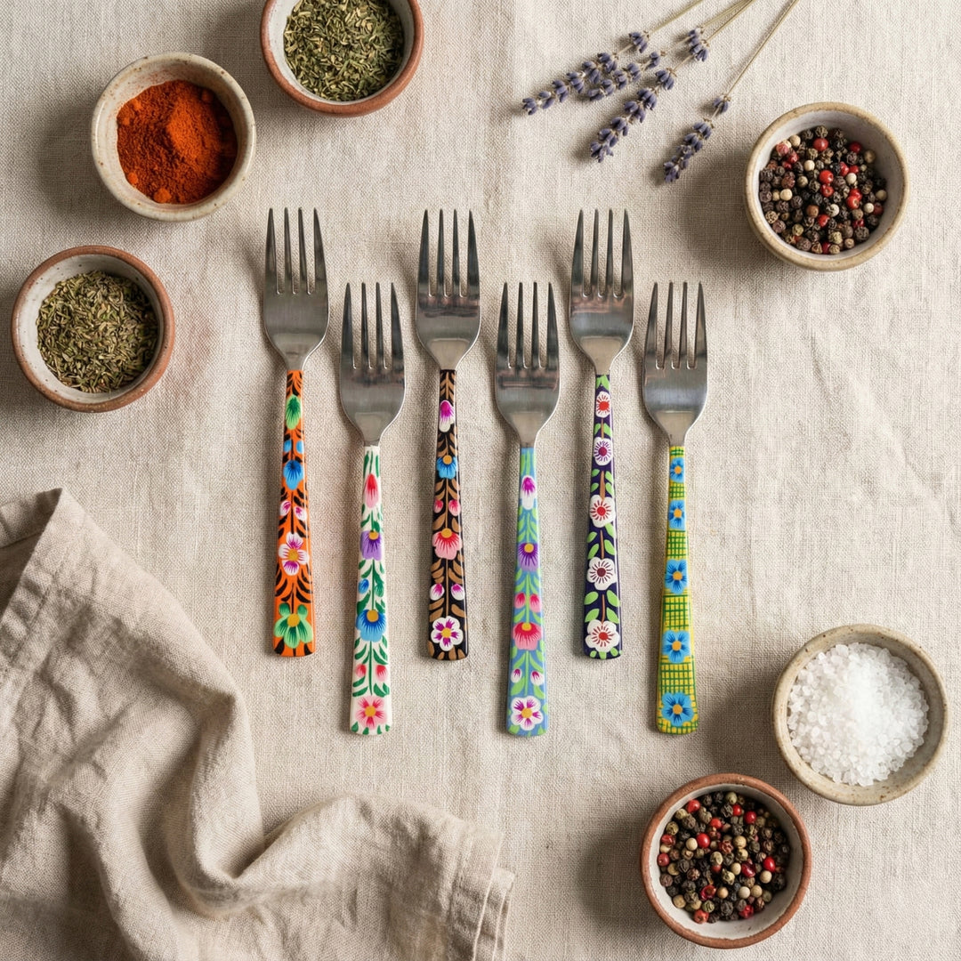 Assorted Hand-Painted Floral Kashmiri Art Stainless Steel Forks