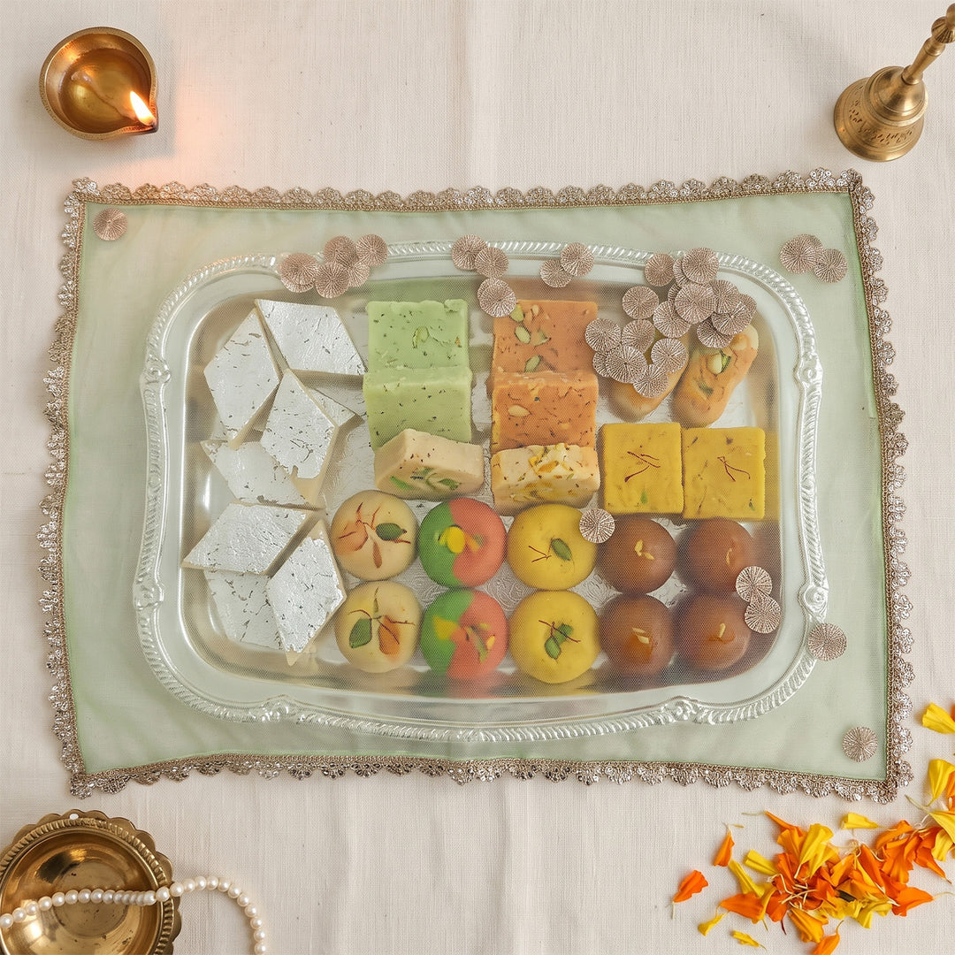 Gota Work Sheer Net Thali/Tray Cover For Festive Decor