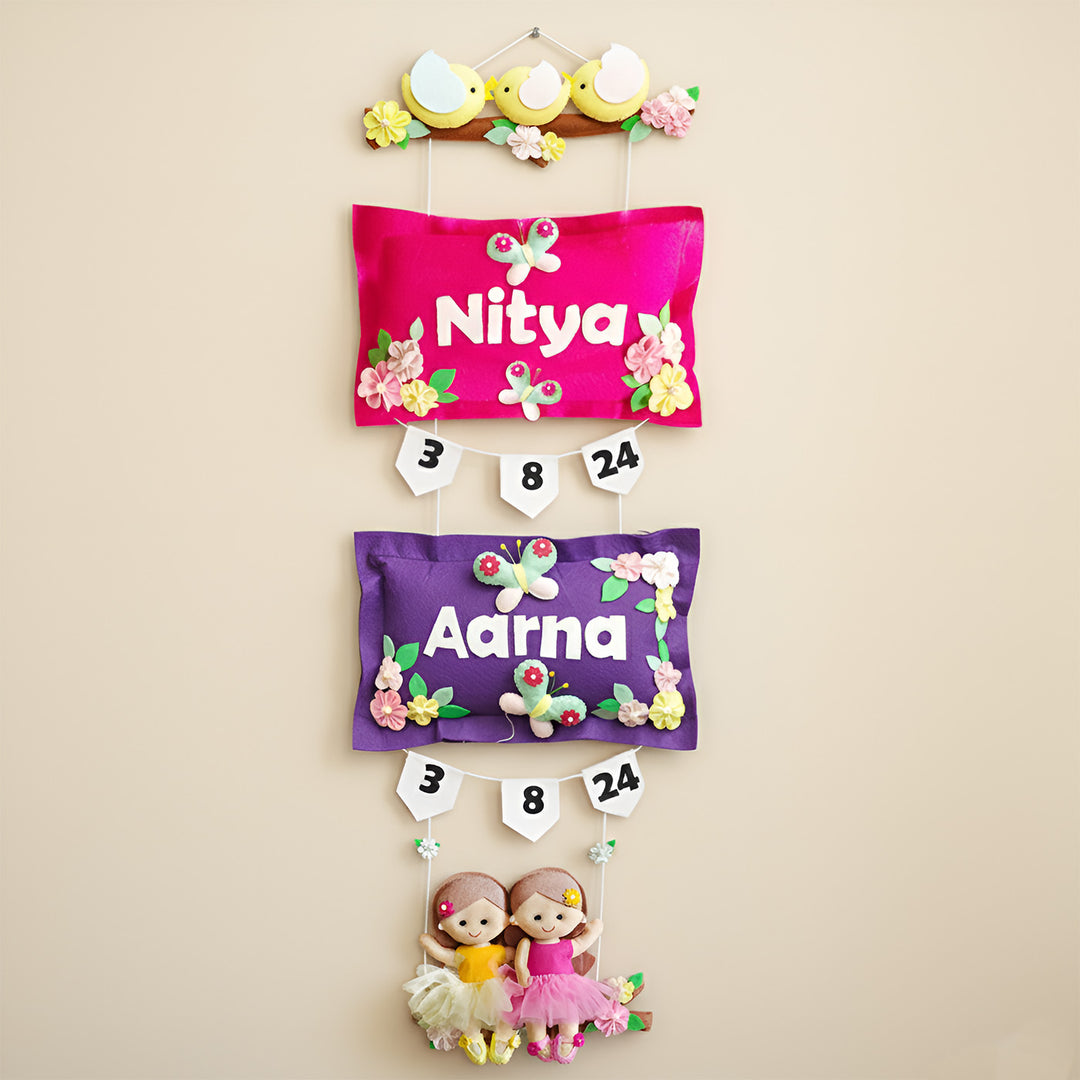 Hand-stitched Pillow & Bird Themed Felt Kids Nameplate with Swing For Siblings