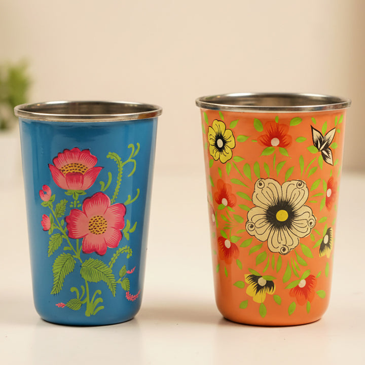 2Pc | Hand-Painted Orange & Blue Floral Kashmiri Art Stainless Steel Large Glasses