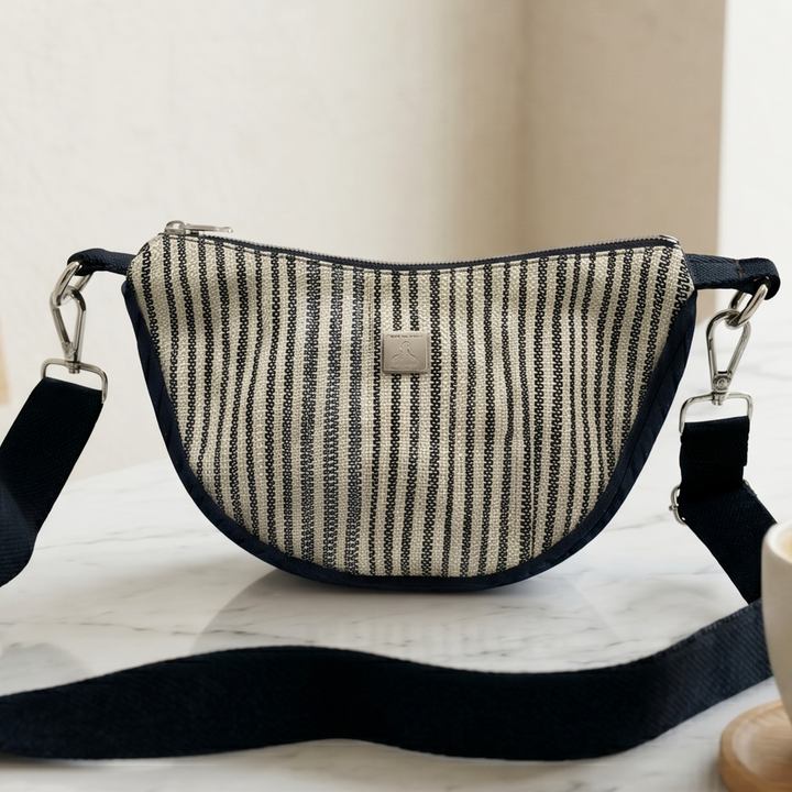 White and Black Striped Upcycled Plastic Handcrafted Mini Curve Sling Bag
