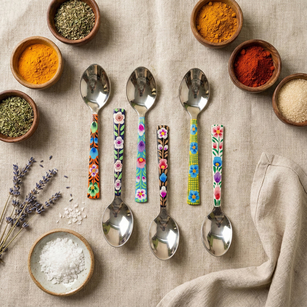 Assorted Hand-Painted Floral Kashmiri Art Stainless Steel Spoons