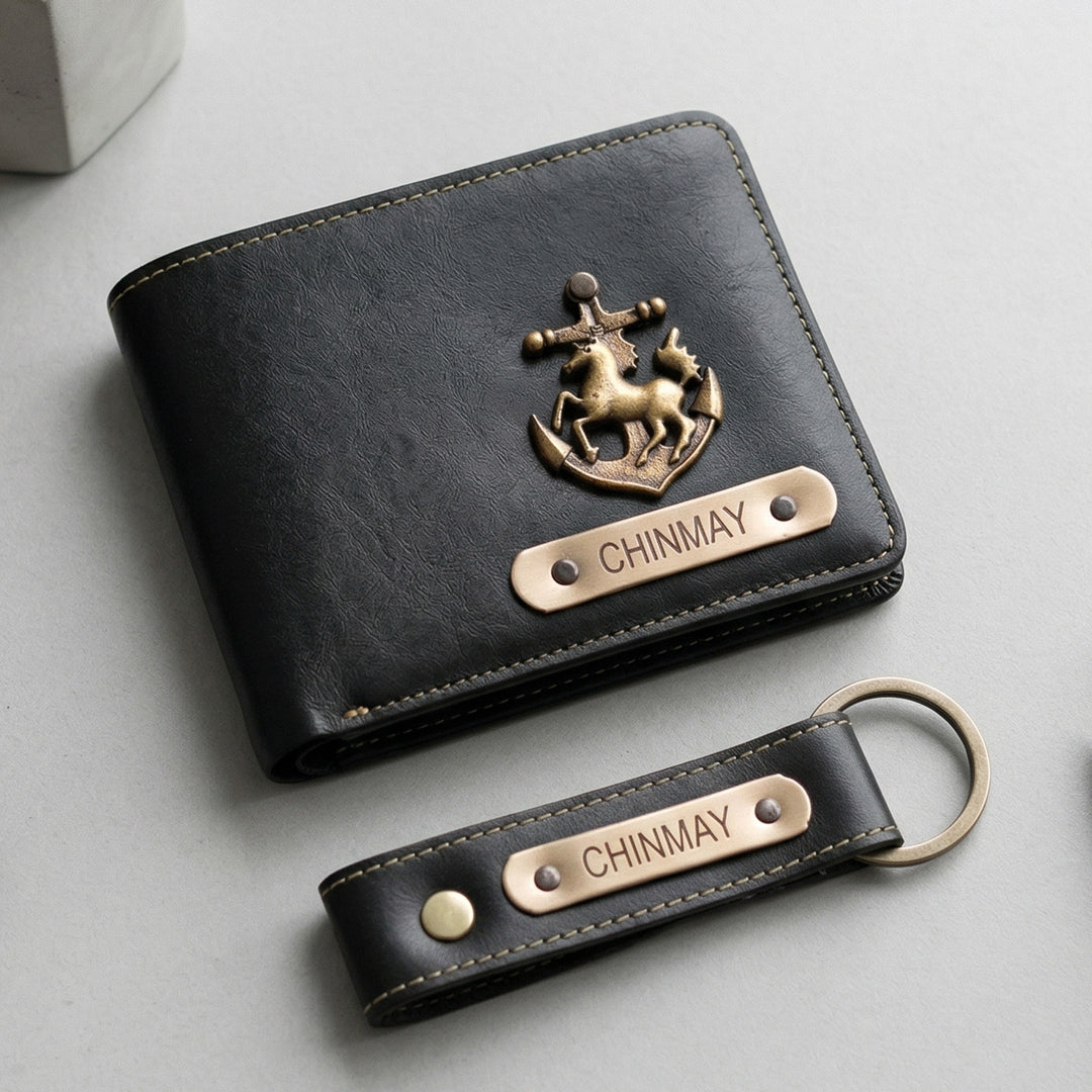 2 Pc | Personalized Faux Leather Gift Set For Men | Includes 1 Wallet, 1 Keychain