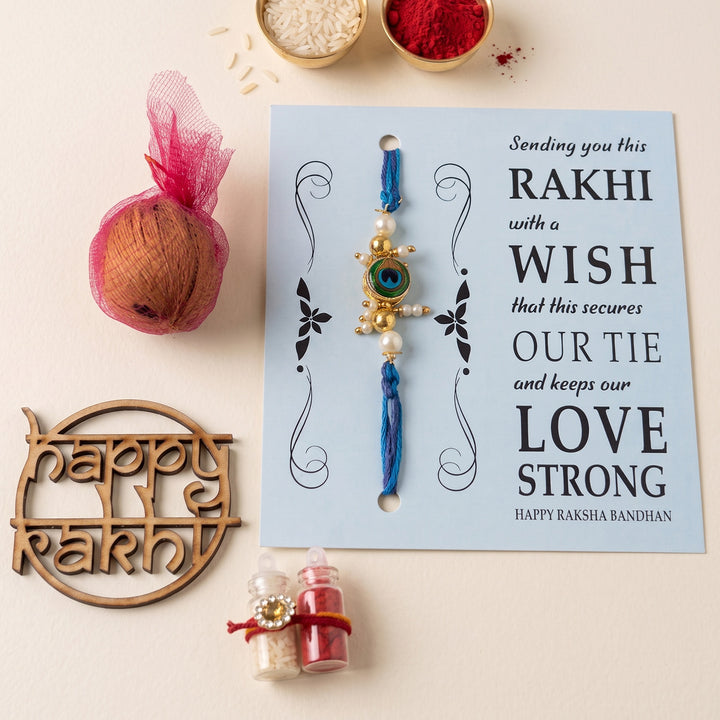 Handmade Evil Eye Peacock Blue Premium Agate Rakhi With Roli Chawal, Nariyal And Gift Box For Brother