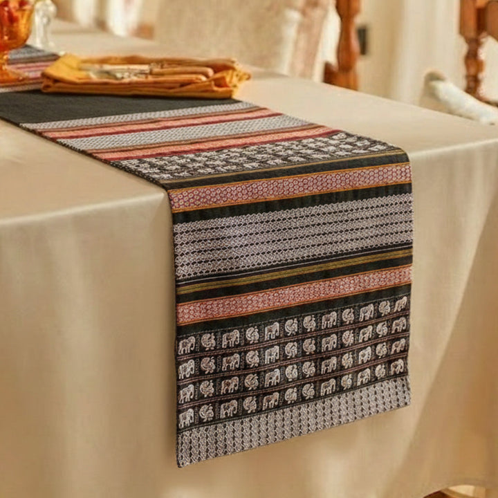 Handmade Black Elephant Design Khunn Fabric Cotton Table Runner | 12 x 60 Inch