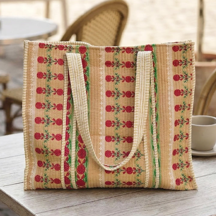 Handmade Beige Indie Floral Cotton Tote Bag