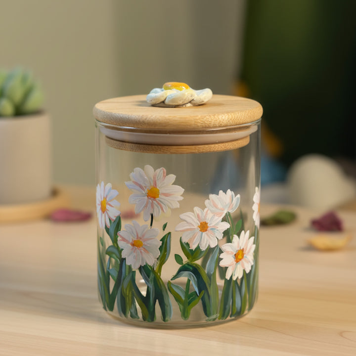Hand-Painted Daisy Glass Storage Container