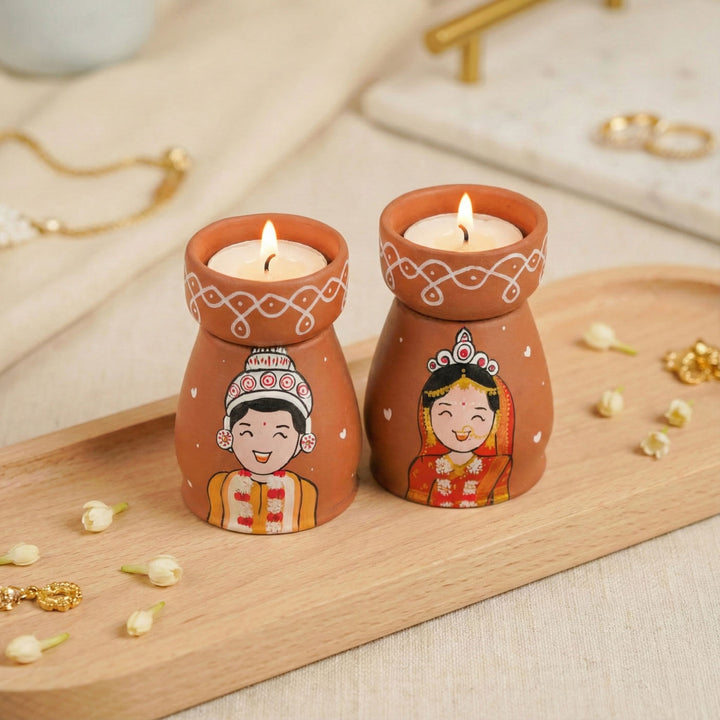 2 Pc | Bengali Couple Personalized Handpainted Terracotta Tealight Holder
