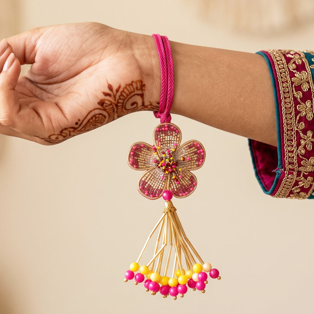 Intricate Beadwork Flower Motif Lumba Rakhi With Roli Chawal For Sister/Bhabhi