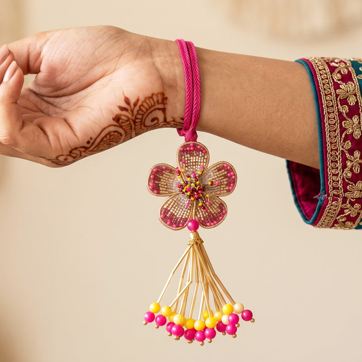 Intricate Beadwork Flower Motif Lumba Rakhi With Roli Chawal For Sister/Bhabhi