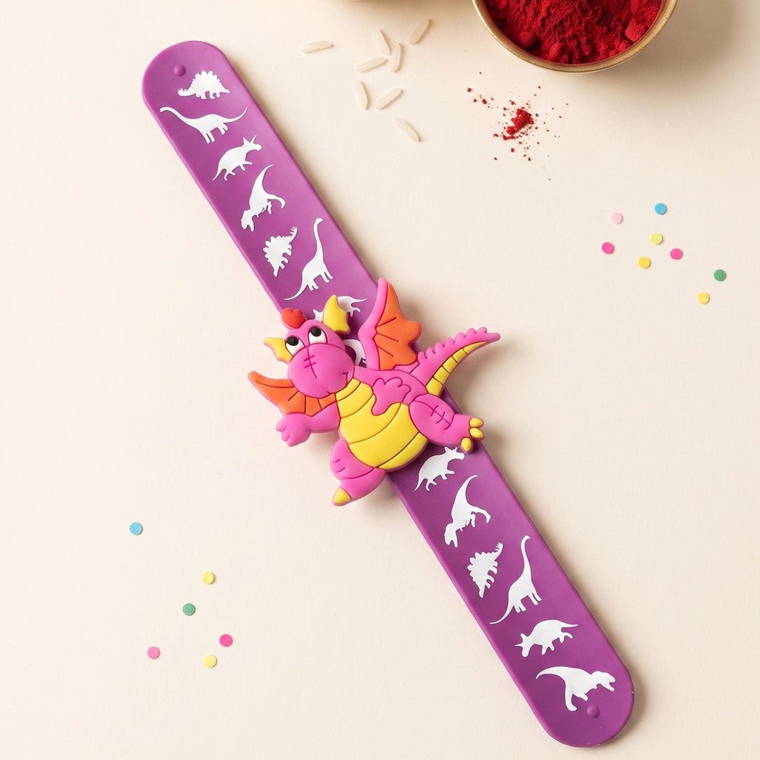 Handmade Purple Dinosaur Silicone Slap Band Rakhi For Kids With Roli Chawal For Brother