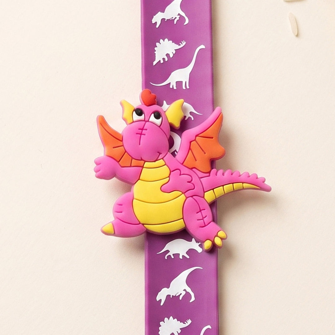Handmade Purple Dinosaur Silicone Slap Band Rakhi For Kids With Roli Chawal For Brother