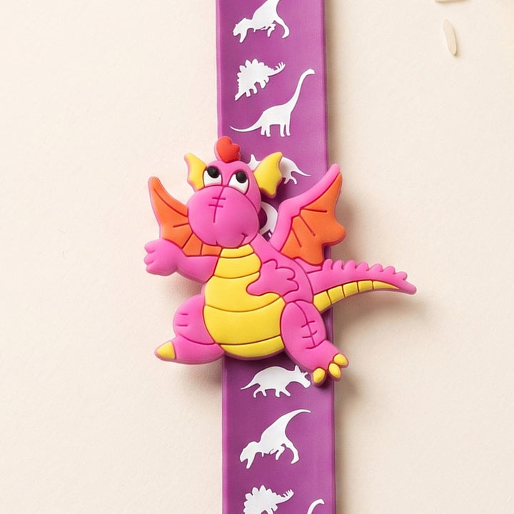 Handmade Purple Dinosaur Silicone Slap Band Rakhi For Kids With Roli Chawal For Brother