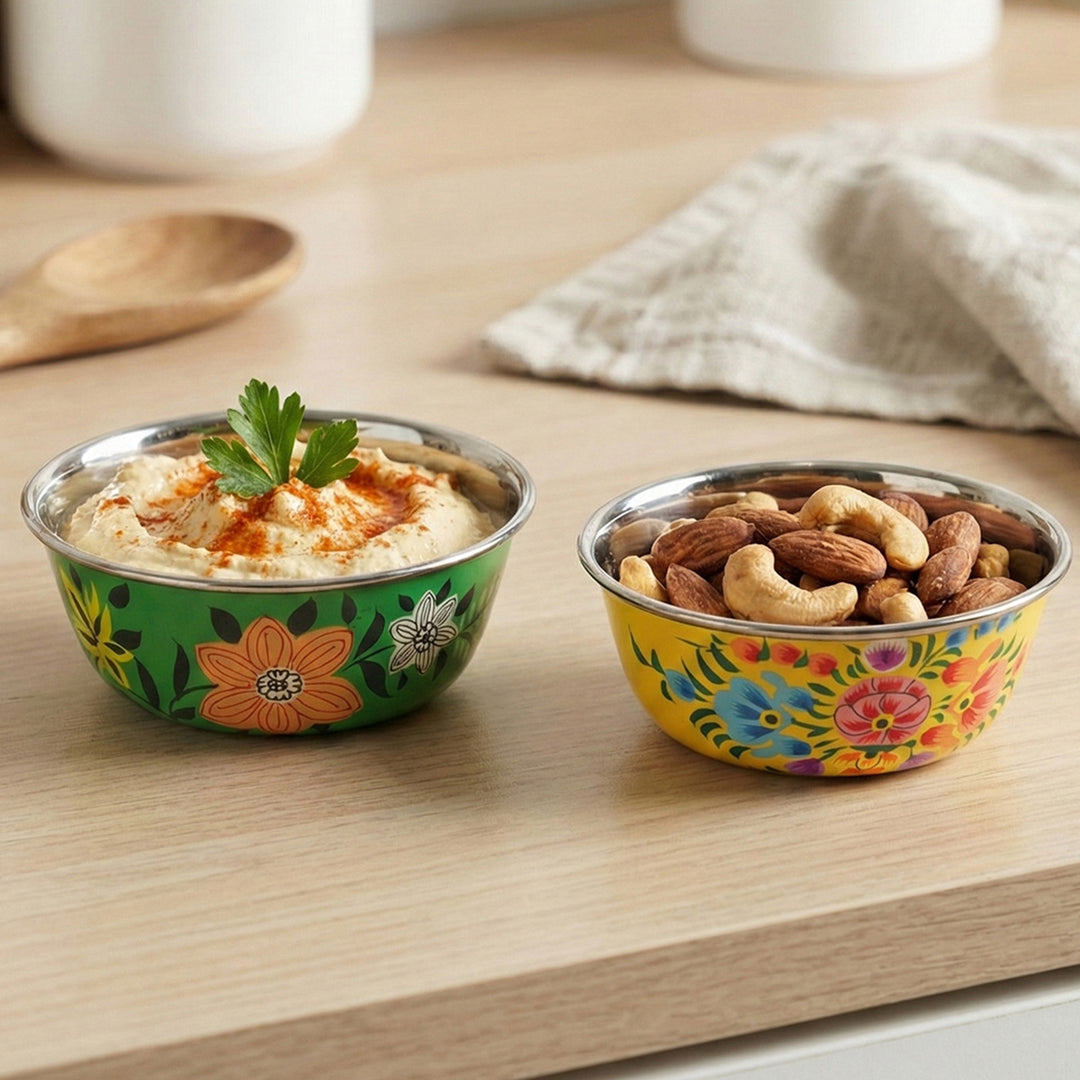 2Pc | Hand-Painted Yellow & Green Floral Kashmiri Art Stainless Steel Small Bowls