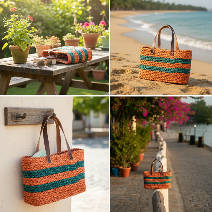 Handmade Grass Woven Double Striped Sabai Mesh Handbag