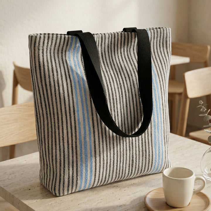 Black and White Striped Upcycled Plastic Handcrafted Classic Tote Bag