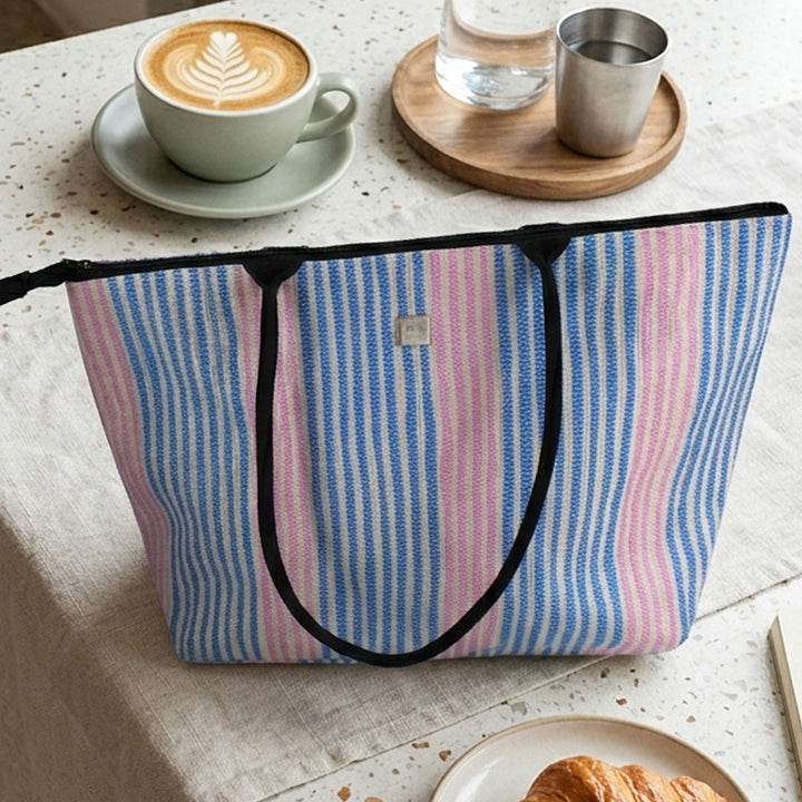 Handcrafted Pink and Blue Striped Upcycled Plastic 16" Office Tote Bag