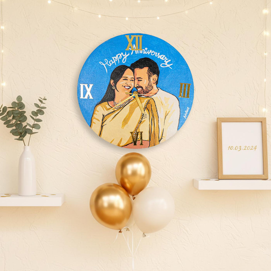 South Indian Couple Photo Personalized Handpainted Canvas Wall Clock
