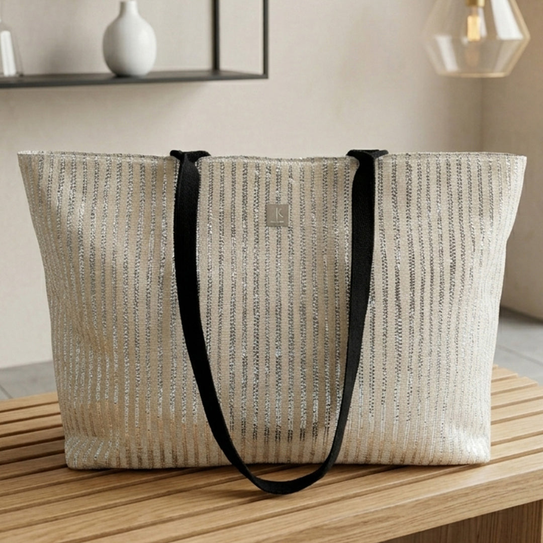 Handcrafted Striped Upcycled Plastic 14" Office Tote Bag