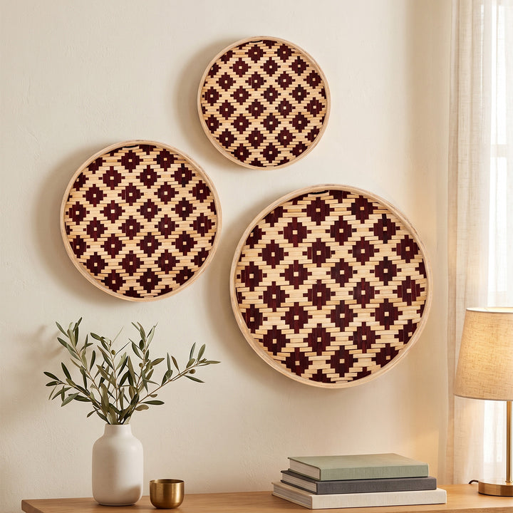 Set of 3 | "Elda" Handcrafted Woven Bamboo Wall Plate With Lacquered Finish For Festive Decor