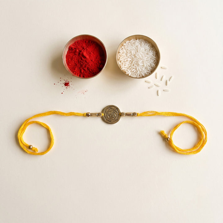 Handcrafted Circular Spikes Brass Charm Rakhi With Roli Chawal For Brother