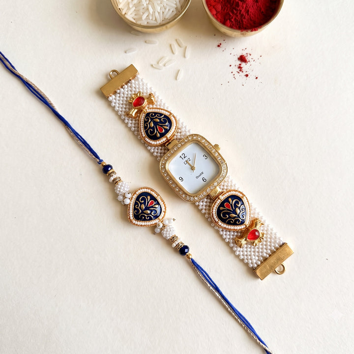 Blue Meenakari Moti Watch Bhaiya Bhabhi Rakhi Set With Roli Chawal | Set of 2