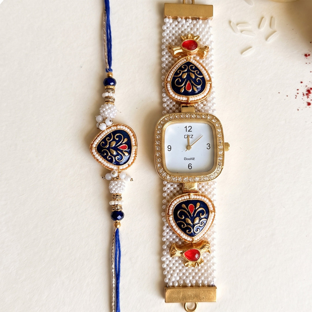 Blue Meenakari Moti Watch Bhaiya Bhabhi Rakhi Set With Roli Chawal | Set of 2