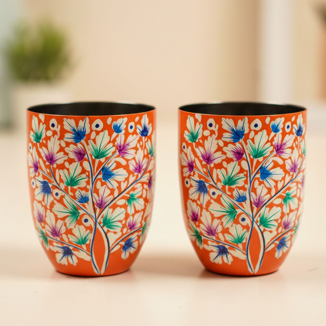 2Pc | Hand-Painted Orange Floral Kashmiri Art Stainless Steel Large Round Glasses