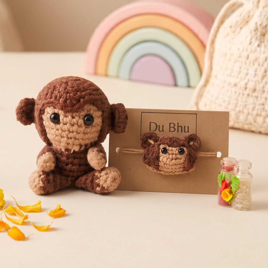 Handmade Crochet Little Monkey Theme Crochet Rakhi Gift Box With Roli Chawal for Kids