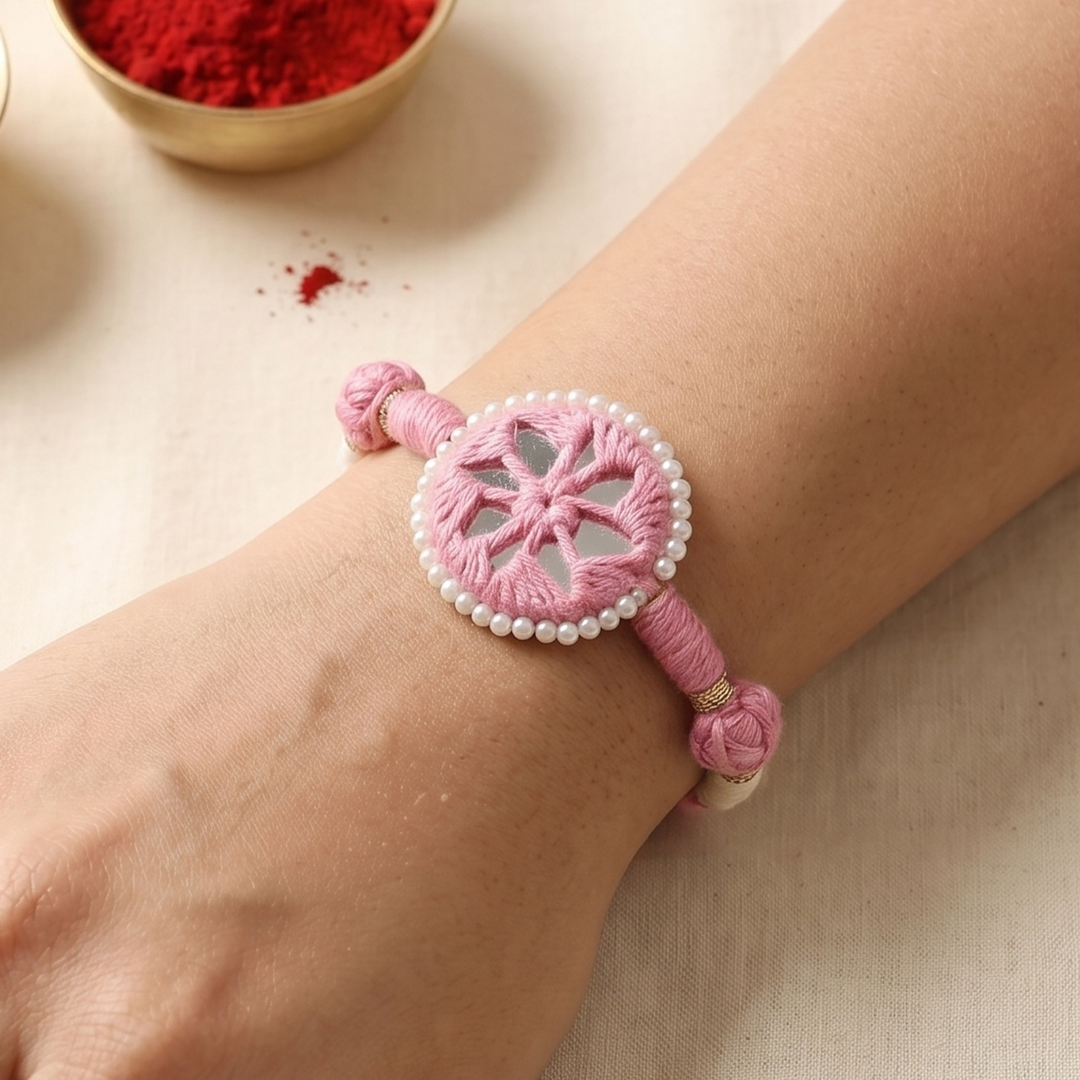 Handmade Mirror Work Patwa Pink Cotton Rakhi With Roli Chawal