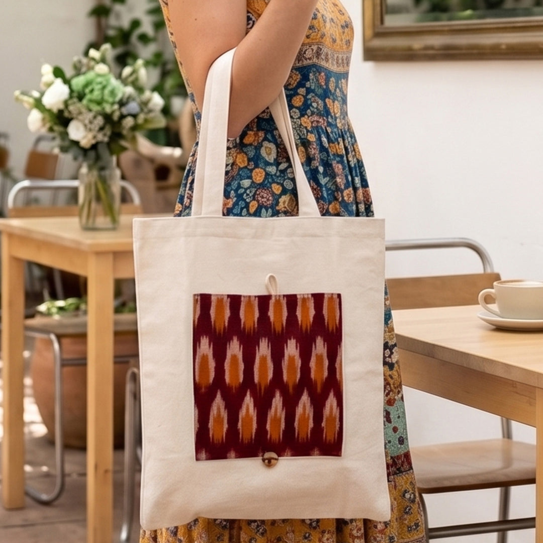 Handcrafted Foldable Cotton Ikat Red Tote Bag