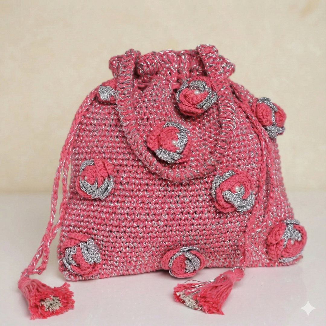 Handmade Crochet Pink & Silver Bloom Potli