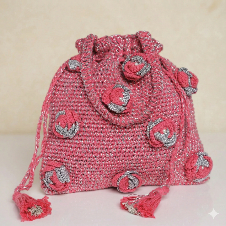 Handmade Crochet Pink & Silver Bloom Potli