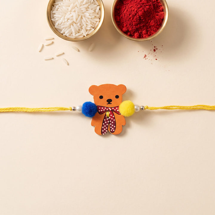 Bow-Tie Teddy Handcrafted Wooden Kids Rakhi With Roli Chawal For Brother