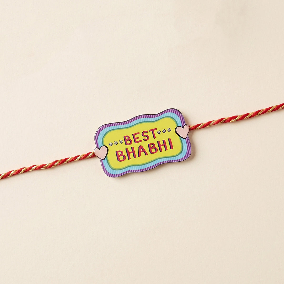 Glossy Printed Wooden 'Best Bhabhi' Rakhi With Kumkum Rice For Bhabhi