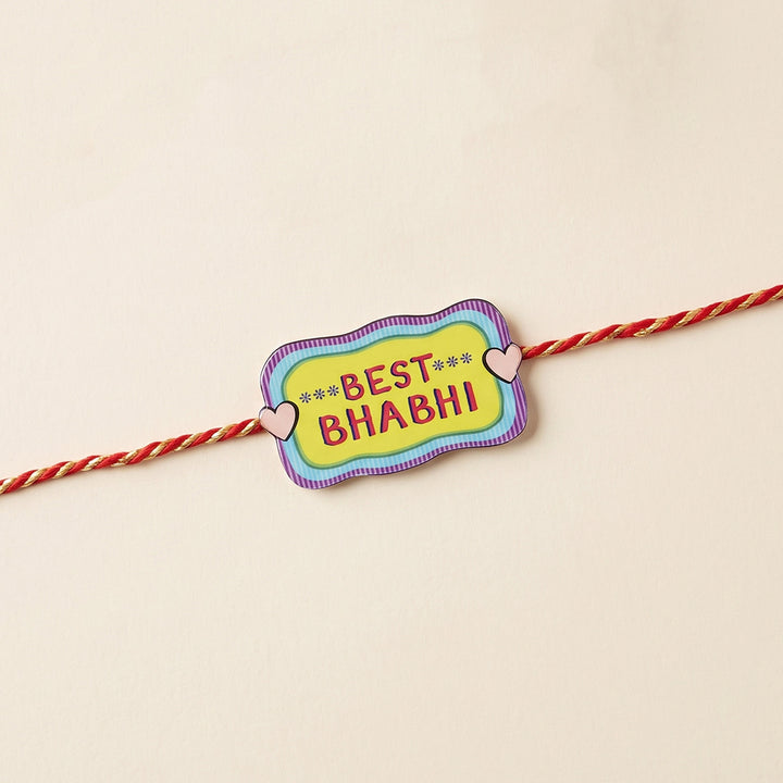Glossy Printed Wooden 'Best Bhabhi' Rakhi With Kumkum Rice For Bhabhi