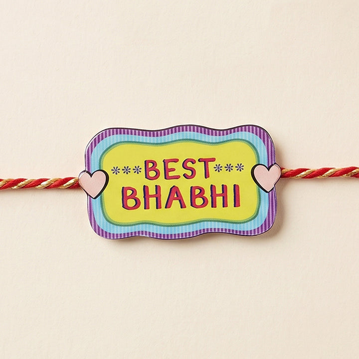 Glossy Printed Wooden 'Best Bhabhi' Rakhi With Kumkum Rice For Bhabhi