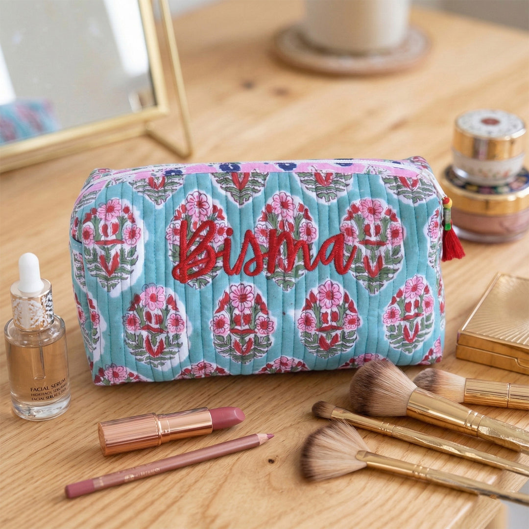 Personalized Block Printed Turquoise Cotton Cosmetic Pouch