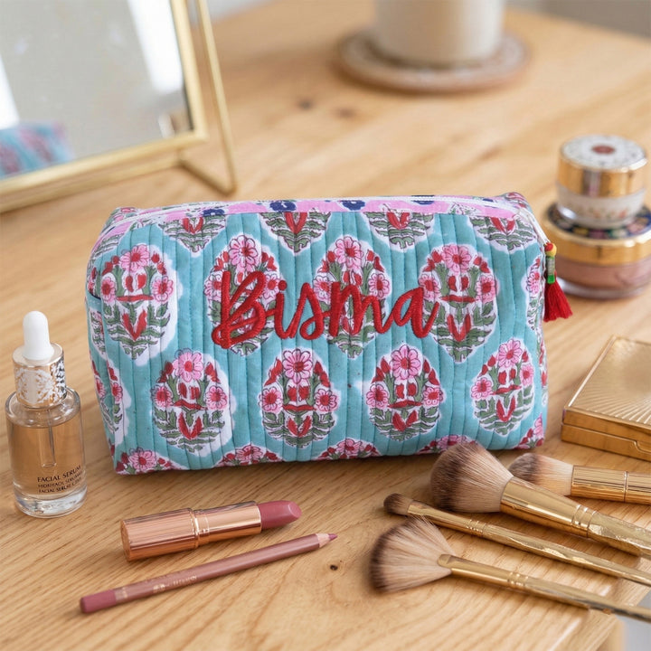 Personalized Block Printed Turquoise Cotton Cosmetic Pouch