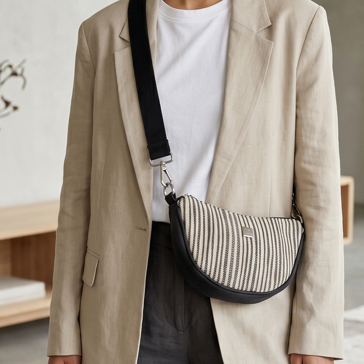 White and Black Striped Upcycled Plastic Handcrafted Mini Curve Sling Bag