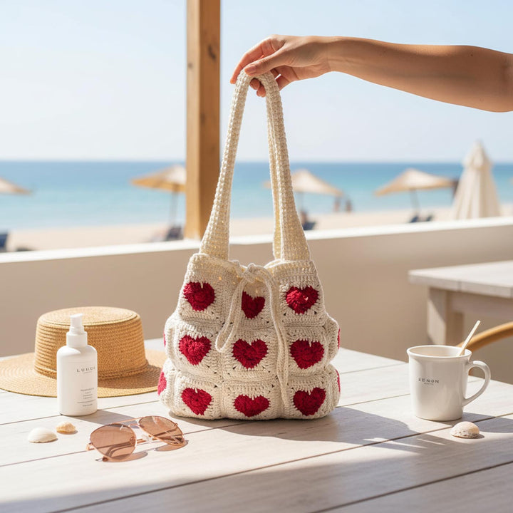 Handmade Crochet Heart Design Cotton Handbag