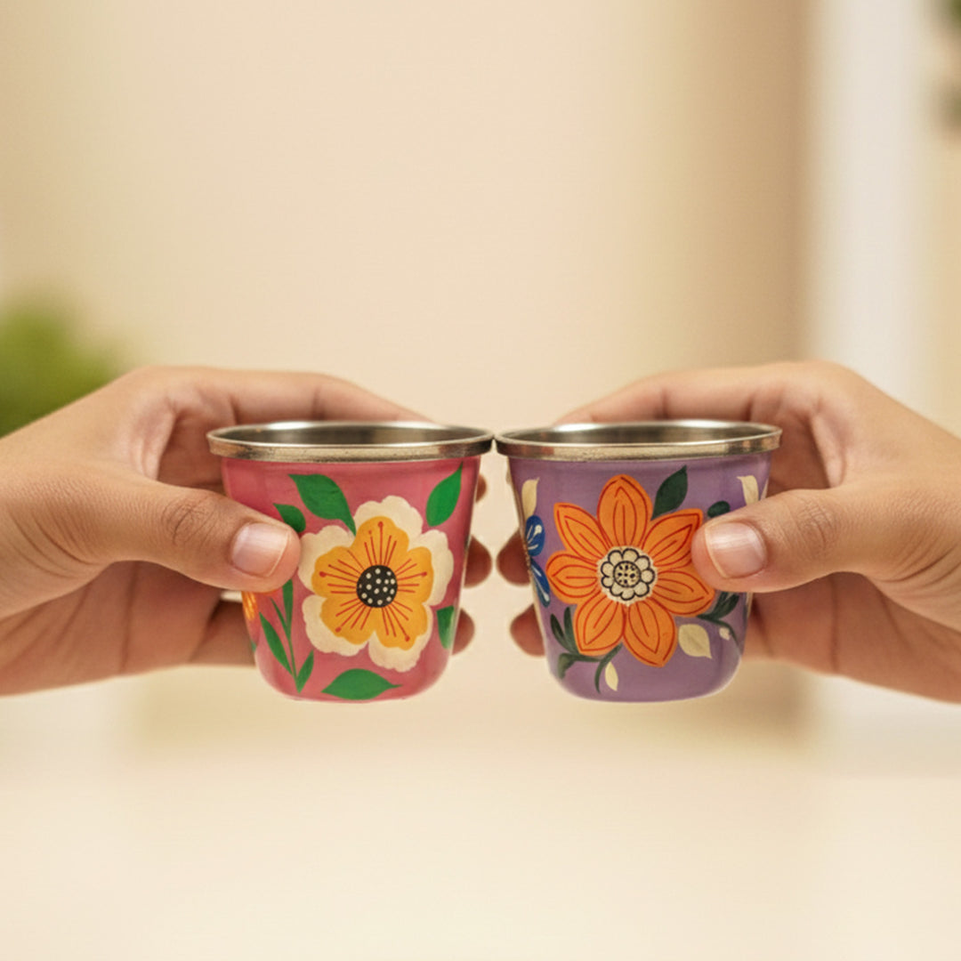 2Pc | Hand-Painted Pink & Purple Floral Kashmiri Art Stainless Steel Shot Glasses