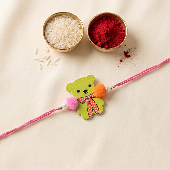 Bow-Tie Teddy Handcrafted Wooden Kids Rakhi With Roli Chawal For Brother
