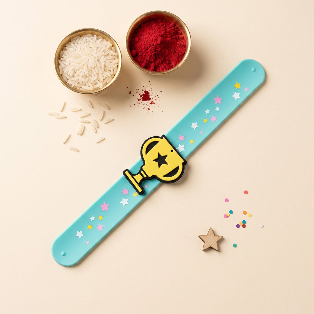 Handmade Football Trophy Silicone Slap Band Rakhi For Kids With Roli Chawal For Brother