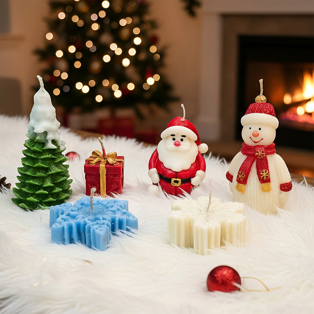 6 pc | Handmade Christmas Tree, Santa, Snowman, Snowflakes & Gift Box Shaped Soy Wax Candles
