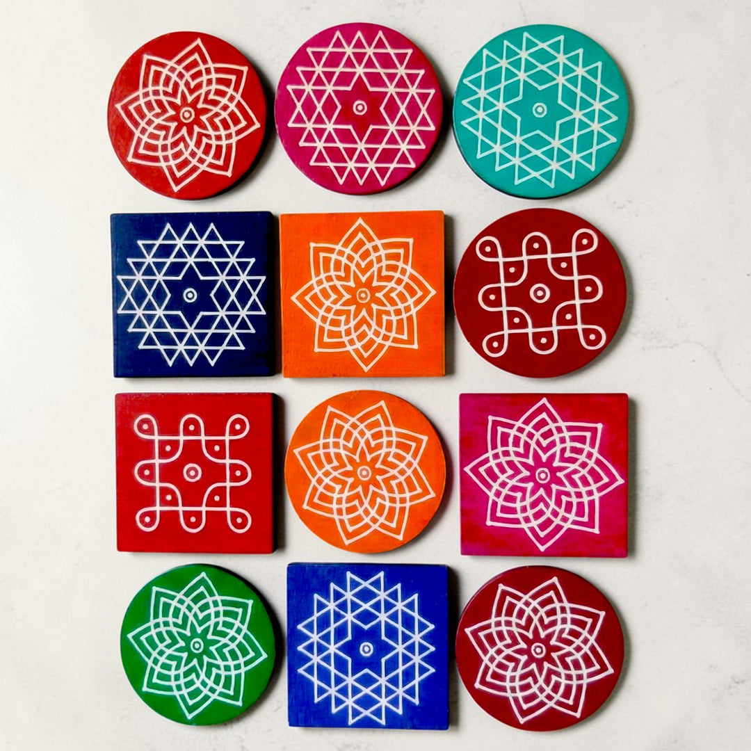 12 Pc | Traditional Kolam Wooden Fridge Magnet