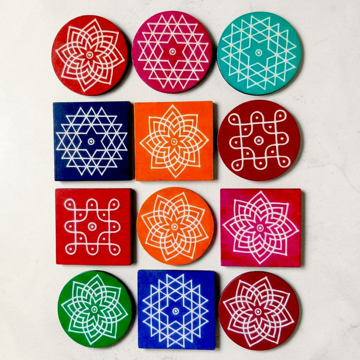 12 Pc | Traditional Kolam Wooden Fridge Magnet