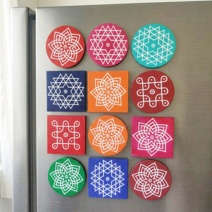 12 Pc | Traditional Kolam Wooden Fridge Magnet