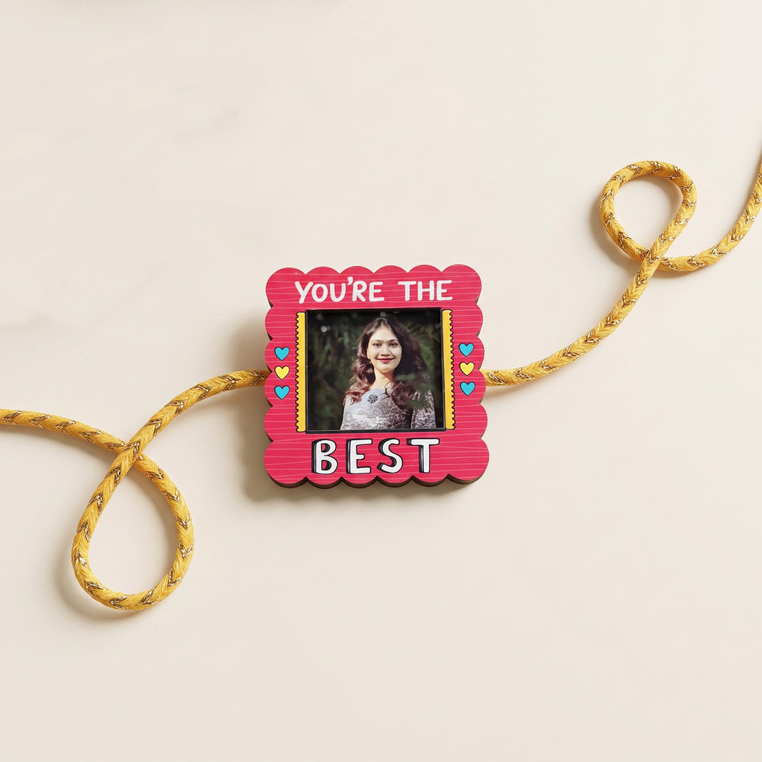 Photo Personalized Magnetic Printed Wooden 'You're The Best' Rakhi With Kumkum Rice